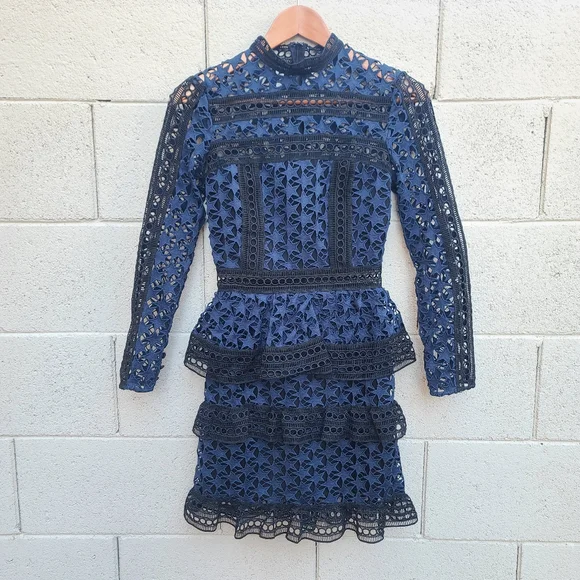 Self Portrait | High Neck Star Lace Panelled Dress in Navy Blue Black Size 0 - Picture 3 of 10